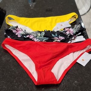 Set of 3 New Shade & Shore Bikini Bottoms - Red, Black Floral, Yellow